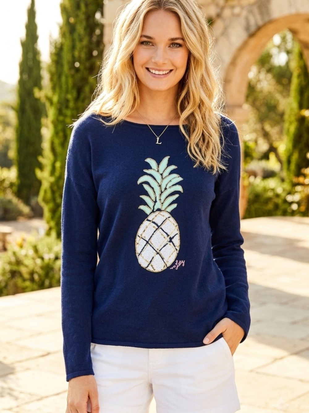 Lilly Pulitzer Navy Blue Pineapple Sequin Sweater (Size XS  but fits S/M)